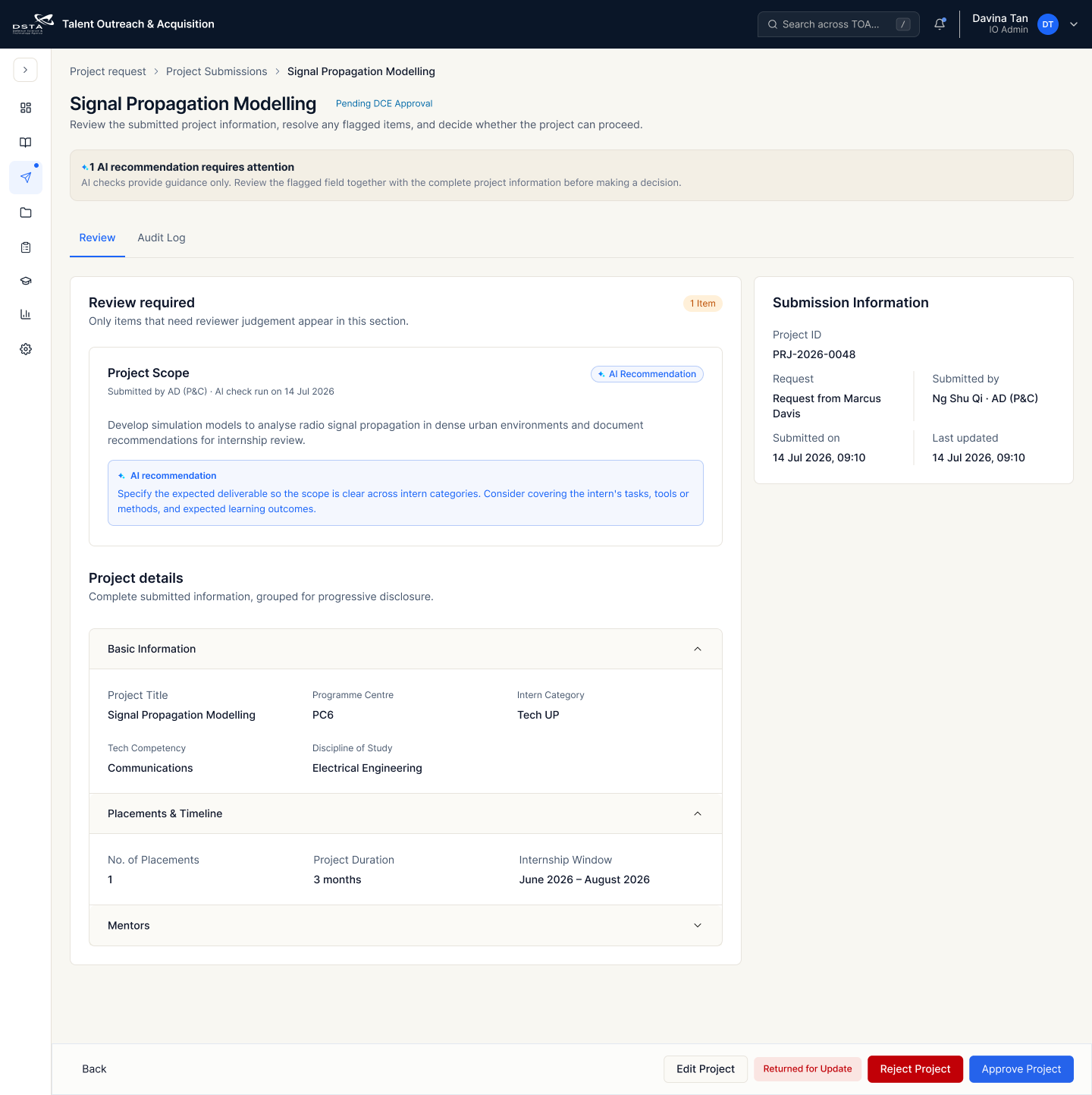 IO project review details after the prioritised review layout